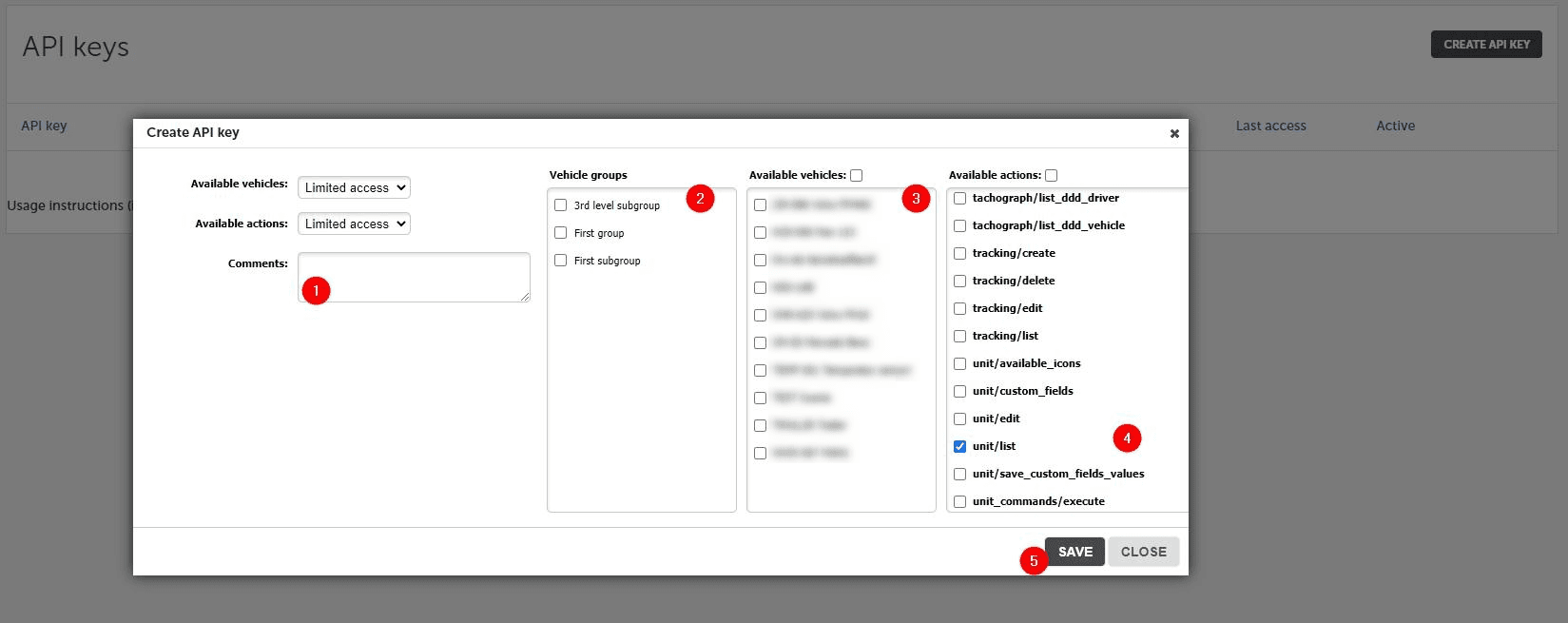 Fill in the required data - permissions and key name in the comments section. Access can be granted only for specific vehicles or for vehicle groups. In the "Actions" section, select the `unit/list` method, then click "Save"