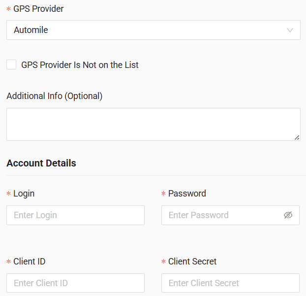 In the form, enter login, password, client ID, and client secret