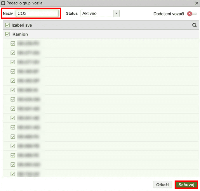 Enter the group name, select the vehicles you want to grant access to, and click "Save"