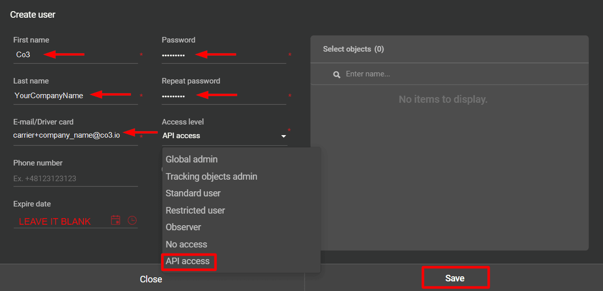 Fill in the “First name”, “Last Name”, “E-mail/Driver card”, “Password”, “Repeat password” fields, and set “Access level” to “API access”
Leave the “Expire date” field empty! Click “Save”