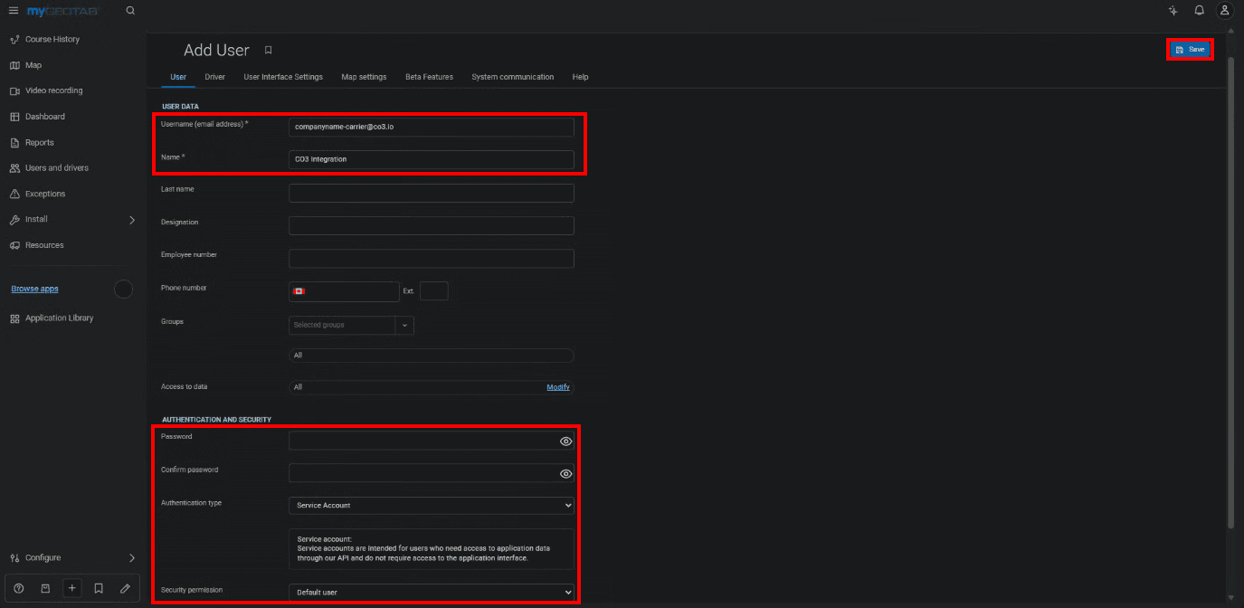 Enter a username in the format "companyname-carrier@co3.io". In the "First name" field, enter "CO3 Integration". Set a strong password, select "Service Account" as the "Authentication type", and set "Security clearance" to "Default User" (or another role with view-only permissions). Click "Save"