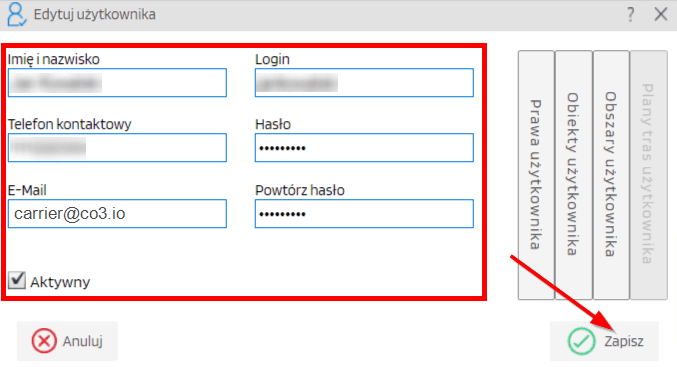Fill in the required data, check "Active" and click "Save"
For E-mail, enter "carrier@co3.io"
