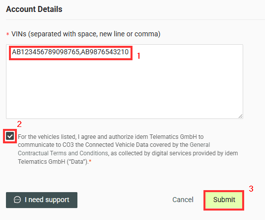 Enter separated (with space, new line or comma) VIN numbers, accept the consent and click “Submit”