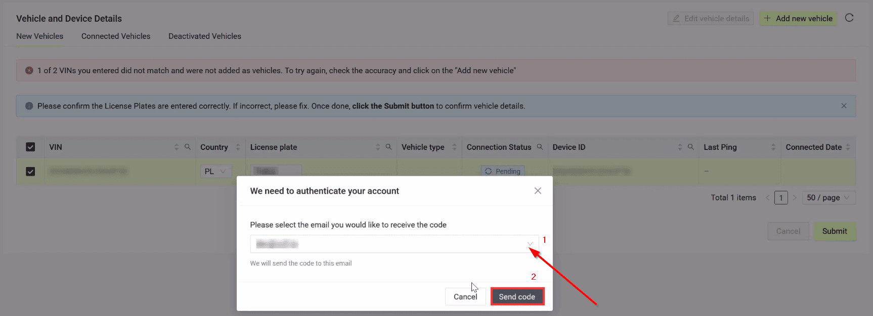 Click on the arrow to show the list of emails, choose the right one and click “Send code”