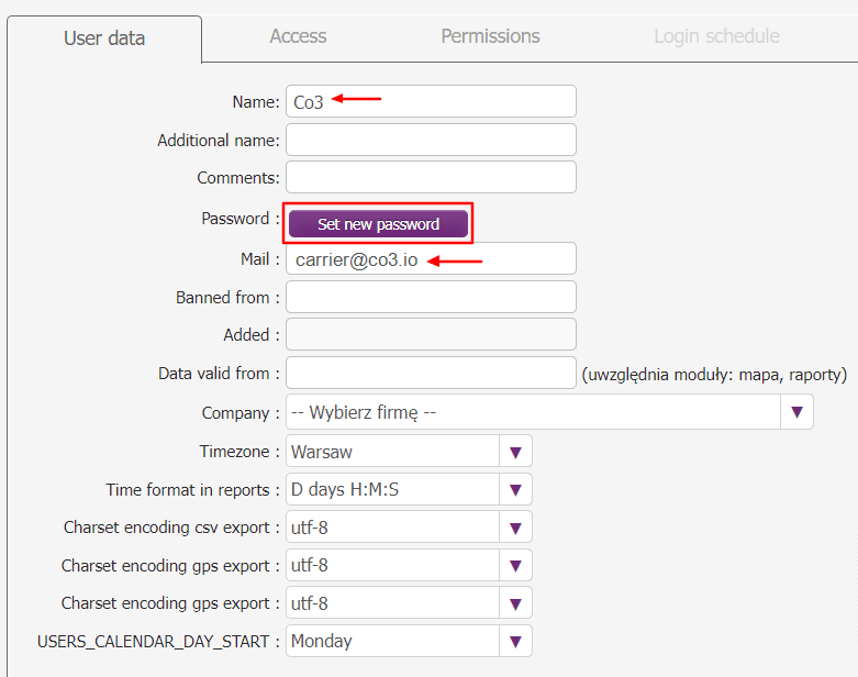 Fill in the “Name” and “Email” fields and set the password by clicking “Set new password”
