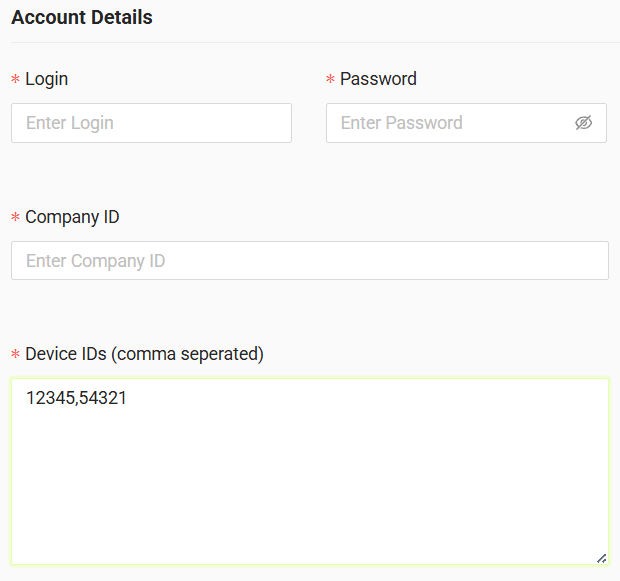 In the form, enter login, password and company ID received from your GPS provider and comma separated device IDs - see the example below