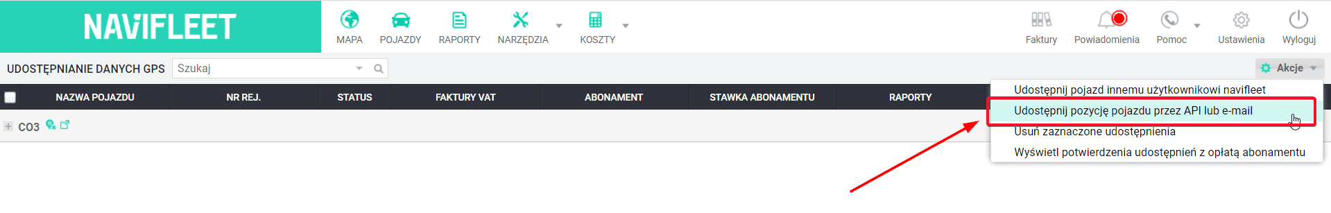 Select "Actions"->"Share vehicle position via API or e-mail"