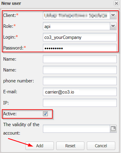 Select the client and role, provide a login and password, check “Active” and click “Add”. Login should be in the format: co3_YourCompanyName!