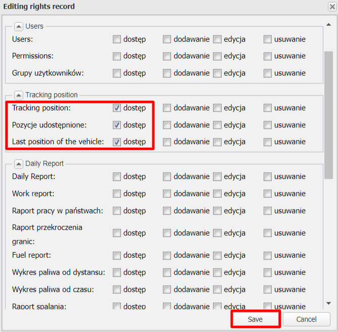 In the “Position tracking” section, check “access” for all three options and click “Save”