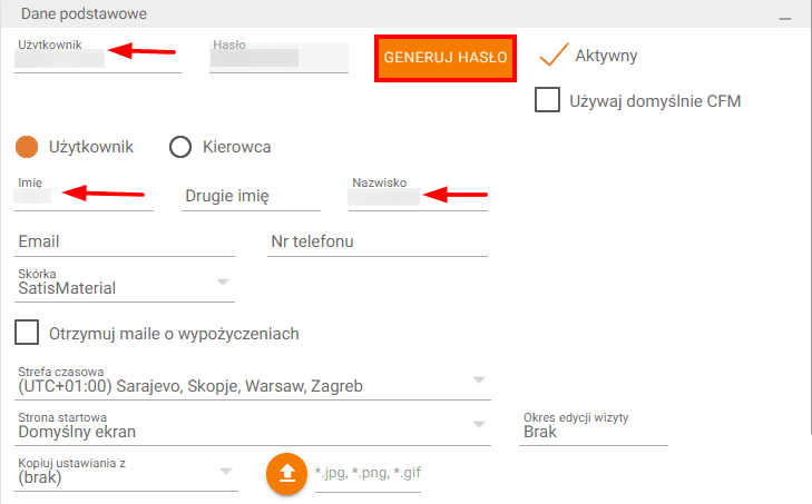 Click "Generate password" and fill in the “User”, “First Name”, and “Last Name” fields
Save the generated password