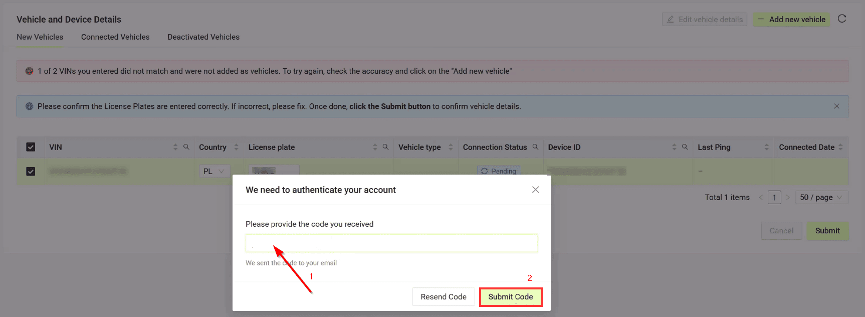 Enter the code received to your e-mail address and click “Submit code”