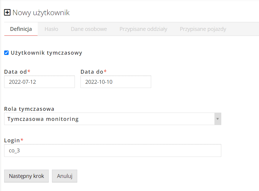 Check “Temporary user”, then set the access dates, role “Temporary monitoring” and enter login
