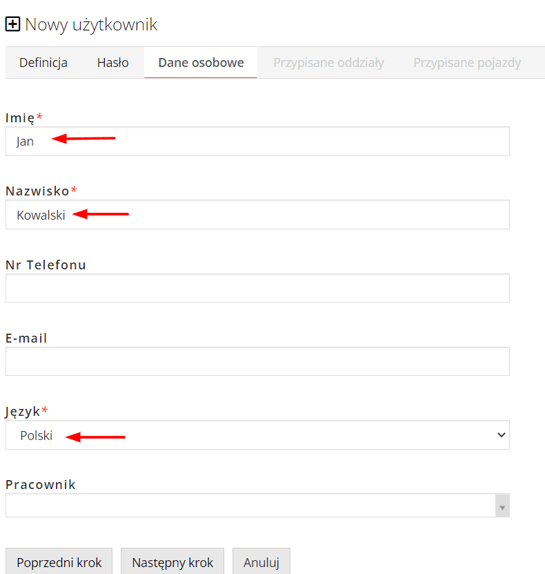 Provide first name and last name, and select a language from the list
You can leave the "Phone number", "E-mail", and "Employee" fields empty