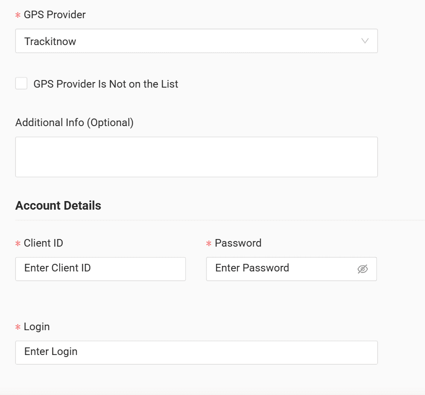 In the form enter the login, password and Client ID received from your GPS provider