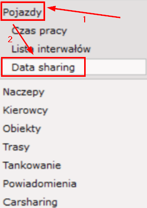 On the left side, select "Vehicles"->"Data sharing"