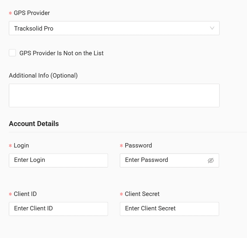 In the form enter the login, password, Client ID and Client Secret received from your GPS provider