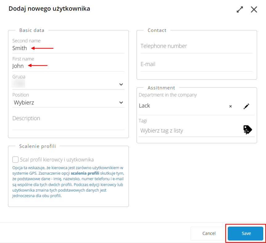 Fill in the “Second Name” and “First name” fields and click "Save"