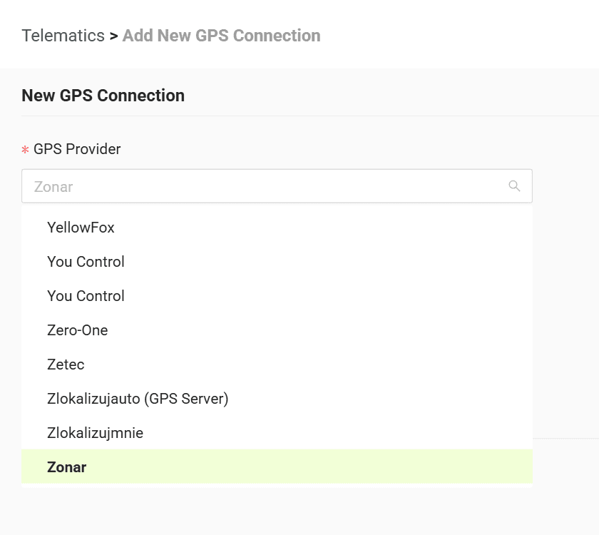 Select your GPS provider from the list