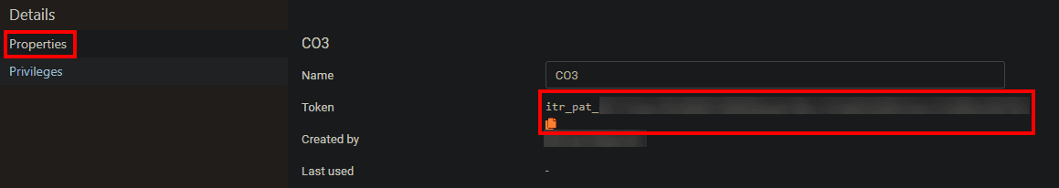 Go back to the "Properties" tab and copy the token using the orange copy icon